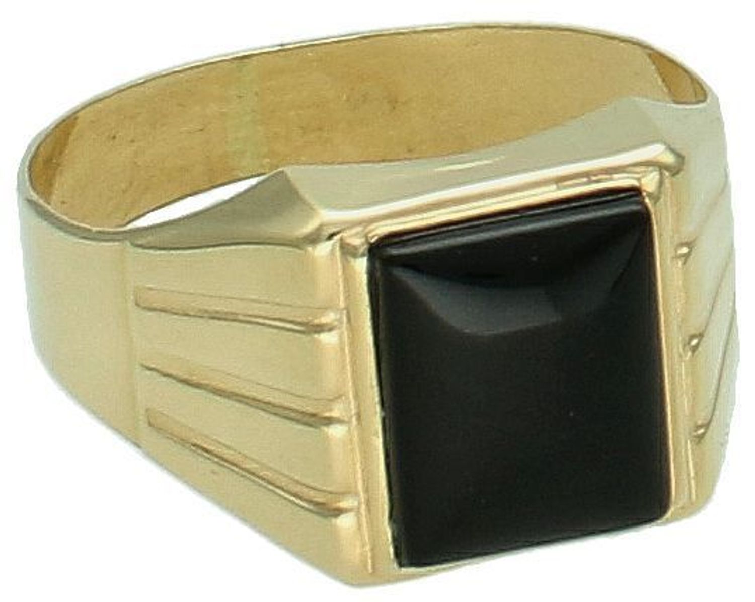 Pierścionek sygnet złoty z onyksem próba 585, SY 272 585 Złoty męski sygnet wykonany z żółtego złota próby 585. Męska złota biżuteria idealna na prezent. Złoty sygnet o prostokątnej, niehaczącej górze i ozdobnej 1.jpg